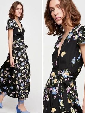 Free People Black Floral Maxi Wrap Dress with Pastel Accents